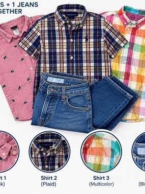kids Clothing Lot Bundle – 3 Short Sleeve Button Down Shirts + 2Jeans-Size 7/8